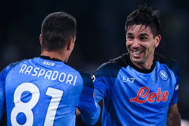 SSC Napoli v Rangers FC - UEFA Champions League Giovanni Simeone of SSC Napoli celebrates with Giacomo Raspadori of SSC Napoli scoring first goal during the UEFA Champions League match between SSC Napoli and Rangers FC at Stadio Diego Armando Maradona, Naples, Italy on 26 October 2022. Naples Naples Italy  Copyright: xGiuseppexMaffiax originalFilename:maffia-sscnapol221026_npNi3.jpg