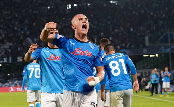 NAPLES, ITALY - OCTOBER 26: Leo Skiri Ostigard of SSC Napoli celebrates with team mates after scoring his goal ,during the UEFA Champions League group A match between SSC Napoli and Rangers FC at Stadio Diego Armando Maradona on October 26, 2022 in Naples, Italy. SPO 