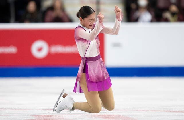 October 29, 2022, Mississauga, ON, Canada: Rinka Watanabe of Japan reacts following her free program during the women competition at Skate Canada International in Mississauga, Ont., on Saturday, October 29, 2022. Rinka Watanabe  - ZUMAc35_ 20221029_zaf_c35_032 Copyright: xPaulxChiassonx