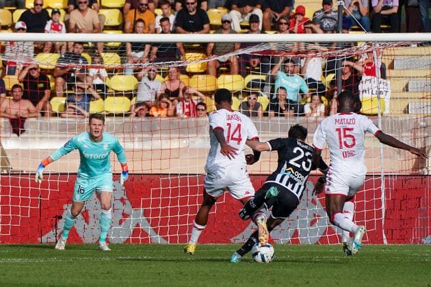 Adrien Hunou (Angers) - Ismail Jakobs (AS Monaco) - Eliot Matazo (AS Monaco) - Alexander Nubel (AS Monaco) FOOTBALL : AS Monaco vs SCO Angers - Ligue 1 Uber Eats - Monaco - 30 10 2022 NorbertScanella Panoramic 