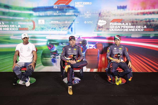 44 Lewis Hamilton (GBR, Mercedes-AMG Petronas F1 Team), 1 Max Verstappen (NLD, Oracle Red Bull Racing), 11 Sergio Perez (MEX, Oracle Red Bull Racing), F1 Grand Prix of Mexico at Autodromo Hermanos Rodriguez on October 30, 2022 in Mexico City, Mexico. (Photo by HOCH ZWEI) Mexico City Mexico
