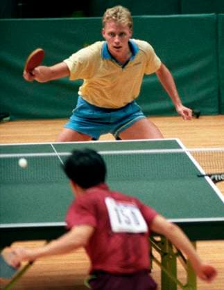 SEOUL 1988-09-29 Bordtennisspelaren Jörgen Persson i aktion under en match i bordtennisturneringen i herrsingel vid Seoul-OS i Sydkorea i 29:e september 1988. Seoul Sydkorea *** SEOUL 1988 09 29 Table tennis player Jörgen Persson in action during a match in the mens singles table tennis tournament at the Seoul Olympics in South Korea on 29 September 1988 Seoul South Korea  x1001x Copyright: xJanxCollsiööx xTTx x JÖRGEN PERSSON-OS 1988