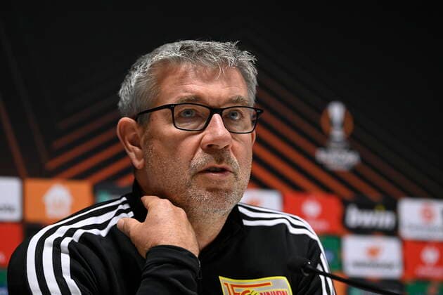 Berlin s head coach Urs Fischer pictured during a press conference, PK, Pressekonferenz of German soccer team Union Berlin, Wednesday 02 November 2022 in Heverlee, in preparation of tomorrow s game against Belgian soccer team Royale Union Saint-Gilloise on day 6 6 of the Uefa Europa League group stage. JOHNxTHYS  x48486827x