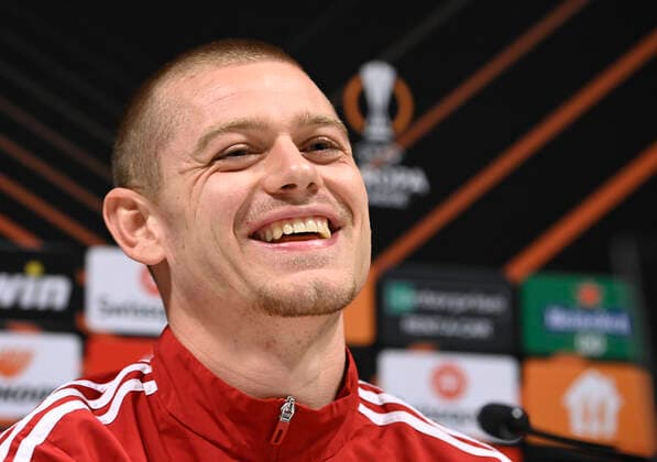Berlin s Julian Ryerson reacts during a press conference, PK, Pressekonferenz of German soccer team Union Berlin, Wednesday 02 November 2022 in Heverlee, in preparation of tomorrow s game against Belgian soccer team Royale Union Saint-Gilloise on day 6 6 of the Uefa Europa League group stage. JOHNxTHYS  x48487239x