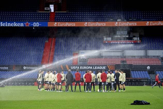 ROTTERDAM - Feyenoord s squad during training prior to the UEFA Europa League match between Feyenoord and Lazio Roma at Feyenoord Stadium de Kuip on November 2, 2022 in Rotterdam, Netherlands. ANP OLAF KRAAK UEFA Europa League MD-1 2022 2023 xVIxANPxSportx xxANPxIVx
