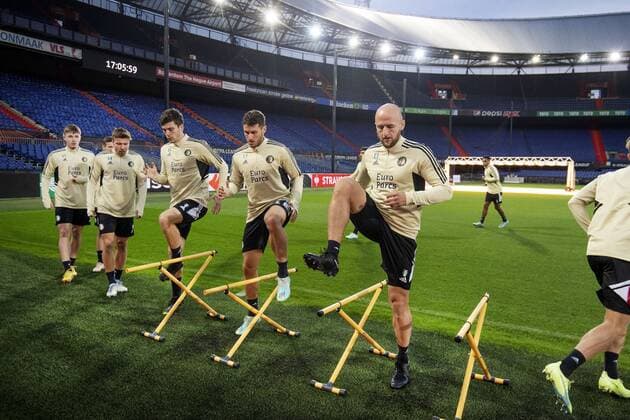 ROTTERDAM - Jacob Rasmussen, Santiago Gimenez, Gernot Trauner of Feyenoord during training before the UEFA Europa League match between Feyenoord and Lazio Roma at Feyenoord Stadium de Kuip on November 2, 2022 in Rotterdam, Netherlands. ANP OLAF KRAAK UEFA Europa League MD-1 2022 2023 xVIxANPxSportx xxANPxIVx