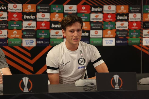 SOCCER - UEFA EL, Midtjylland vs Sturm HERNING,DENMARK,02.NOV.22 - SOCCER - UEFA Europa League, group stage, FC Midtjylland vs SK Sturm Graz, preview, press conference, PK, Pressekonferenz Sturm. Image shows William Boeving (Sturm).  GEPAxpictures xChrisxBauer