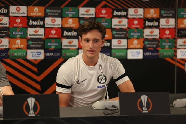 SOCCER - UEFA EL, Midtjylland vs Sturm HERNING,DENMARK,02.NOV.22 - SOCCER - UEFA Europa League, group stage, FC Midtjylland vs SK Sturm Graz, preview, press conference, PK, Pressekonferenz Sturm. Image shows William Boeving (Sturm).  GEPAxpictures xChrisxBauer