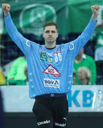 02.11.2022, xgox, Handball, DHB Pokal, SC DHfK Leipzig - Rhein Neckar Loewen v.l. Joel Birlehm (Rhein Neckar Loewen, 35) Jubelt ueber gehaltenen Ball, abgewehrt, gehalten, Torhueter Leipzig