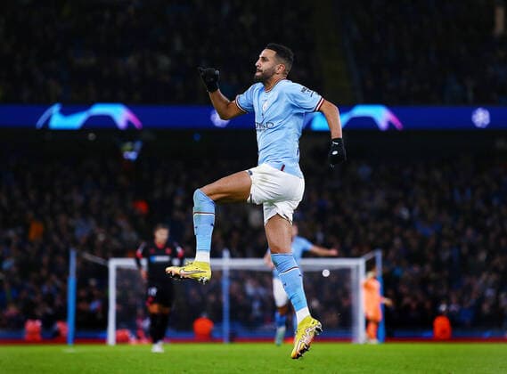 Mandatory Credit: Photo by Matt West Shutterstock (13602523ab) Riyad Mahrez of Manchester City celebrates scoring a goal to make it 3-1 Manchester City v Sevilla, UEFA Champions League, Group G, Football, Etihad Stadium, Manchester, UK - 02 Nov 2022 EDITORIAL USE ONLY No use with unauthorised audio, video, data, fixture lists, club league logos or live services. Online in-match use limited to 120 images, no video emulation. No use in betting, games or single club league player publications. Manchester City v Sevilla, UEFA Champions League, Group G, Football, Etihad Stadium, Manchester, UK - 02 Nov 2022 EDITORIAL USE ONLY No use with unauthorised audio, video, data, fixture lists, club league logos or live services. Online in-match use limited to 120 images, no video emulation. No use in betting, games or single club league player publications. Copyright: xMattxWest Shutterstockx 13602523ab