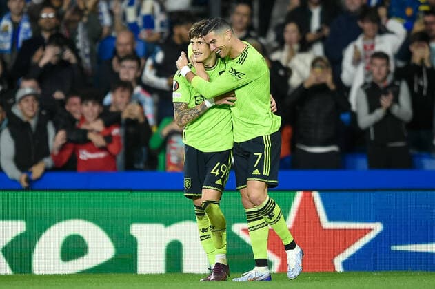 SAN SEBASTIAN, SPAIN - NOVEMBER 03: Alejandro Garnacho of Manchester United, ManU celebrate a goal with Cristiano Ronaldo during the UEFA Europa League group E match between Real Sociedad and Manchester United at Reale Arena on November 3, 2022 in San Sebastian, Spain. SPO 