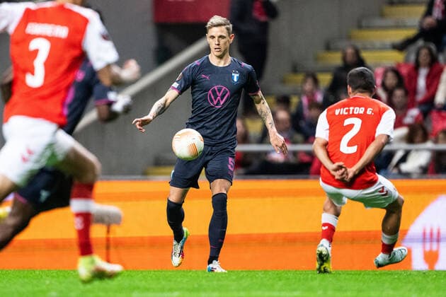 221103 Soren Rieks of Malmö FF during the UEFA Europa League between Braga and Malmö FF on November 3, 2022 in Braga. Photo: Petter Arvidson BILDBYRAN kod PA PA0430 fotboll football soccer fotball uefa europa league braga malmö ff bbeng Copyright: PETTERxARVIDSON BB221103PA055