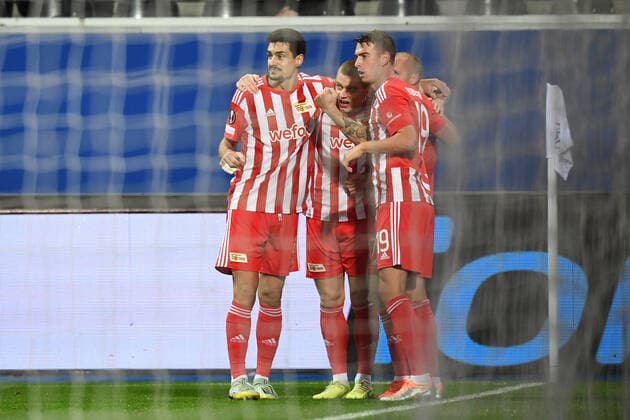 Fussball, Herren, Saison 2022 2023, Europa League (Gruppenphase, Gruppe D, 6. Spieltag), Royale Union Saint-Gilloise - 1. FC Union Berlin, v.l. Diogo Leite (1. FC Union Berlin, 4), Julian Ryerson (1. FC Union Berlin, 6), Sven Michel (1. FC Union Berlin, 11) und Janik Haberer (1. FC Union Berlin, 19) Torjubel, Jubel nach dem Tor zum 0:1 durch Sven Michel (1. FC Union Berlin, 11), 03.11. 2022, Copyright: xSebastianxRäppold MatthiasxKochx