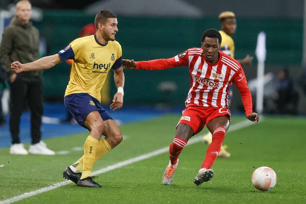 Union s Ismael Kandouss and Berlin s Sheraldo Becker fight for the ball during a soccer match between Belgian Royale Union Saint-Gilloise and German Union Berlin, Thursday 03 November 2022 in Leuven, on day 6 6 of the Uefa Europa League group stage. BRUNOxFAHY  x48592295x