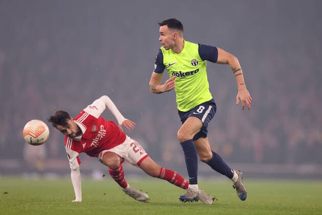 Arsenal v FC Zurich 03 November 2022, London - UEFA Europa League Group Stage - Arsenal v FC Zurich - Ole Selnaes of Zurich goes past Fabio Vieira of Arsenal - Photo: Jacques Feeney Offside. London UK Copyright: xJacquesxFeeneyx xOffsidexOffside