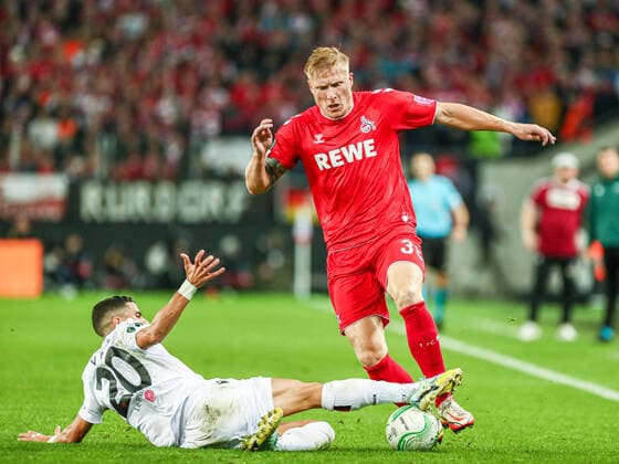 Kristian Pedersen (FC Köln Koeln, 03) im Zweikampf gegen Youcef Atal (OGC Nizza Nice, 20), GER, FC Köln Koeln vs. OGC Nizza Nice, UEFA Conference League 2022 23, Gruppenphase, Gruppe D, 6. Spieltag, 03.11.2022, GER, FC Köln Koeln vs. OGC Nizza Nice, UEFA Conference League 2022 23, Gruppenphase, Gruppe D, 6. Spieltag, 03.11.2022, Foto: Eibner-Pressefoto Gabriel Boia Köln Koeln Copyright: xEibner-Pressefoto GabrielxBoiax EP_EER
