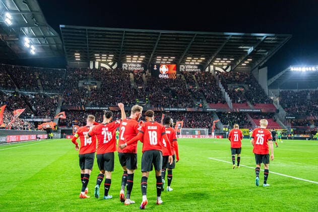 Joie des joueurs du Stade Rennais aprÃ s le but de Matthis Abline (Stade Rennais) FOOTBALL : Stade Rennais x AEK Larnaca - Ligue Europa - JournÃ e 6 - 03 11 2022 BaptisteAutissier Panoramic 