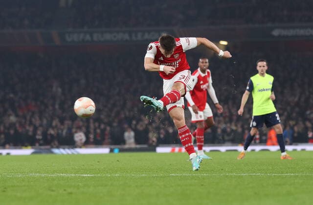 Arsenal v FC Zurich 03 November 2022, London - UEFA Europa League Group Stage - Arsenal v FC Zurich - Kieran Tierney of Arsenal scores the opening goal of the match - Photo: Jacques Feeney Offside. London UK Copyright: xJacquesxFeeneyx xOffsidexOffside