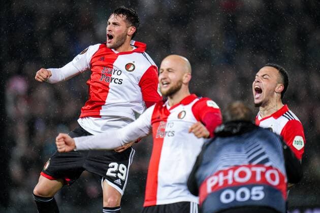ROTTERDAM, 03-11-2022, Stadium de Kuip, the UEFA Europa League Feyenoord - Lazio Roma, Feyenoord forward Santiago Gimenez (l) , Feyenoord defender Gernot Trauner celebrates Feyenoord - Lazio  x19133671x Copyright: