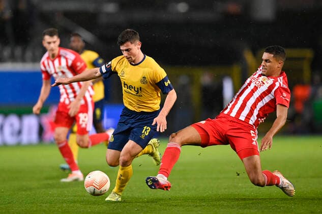 Union s Dante Vanzeir and Berlin s Danilho Doekhi fight for the ball during a soccer match between Belgian Royale Union Saint-Gilloise and German Union Berlin, Thursday 03 November 2022 in Leuven, on day 6 6 of the Uefa Europa League group stage. JOHNxTHYS  x48594195x