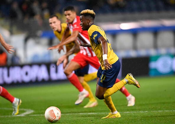 Union s Lazare Amani fights for the ball during a soccer match between Belgian Royale Union Saint-Gilloise and German Union Berlin, Thursday 03 November 2022 in Leuven, on day 6 6 of the Uefa Europa League group stage. JOHNxTHYS  x48594363x
