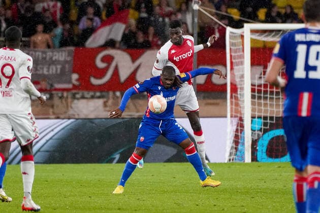 Benoit Badiashile (AS Monaco) - El Fardou Ben Nabouhane (Etoile Rouge de Belgrade) FOOTBALL : AS Monaco vs Etoile Rouge de Belgrade - Europa League - Phase de groupe H - Monaco - 03 11 2022 NorbertScanella Panoramic 