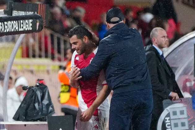 Philippe Clement (entraineur de l AS Monaco) - Kevin Volland (AS Monaco) FOOTBALL : AS Monaco vs Etoile Rouge de Belgrade - Europa League - Phase de groupe H - Monaco - 03 11 2022 NorbertScanella Panoramic 