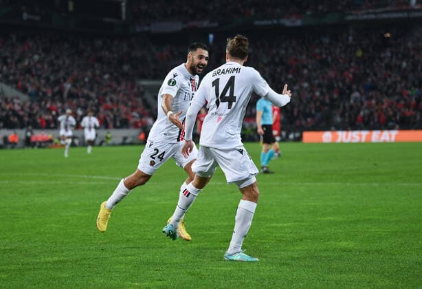 Jubel Gaetan Laborde (OGC Nizza), li., und Billal Brahimi (OGC Nizza) 03.11.2022, Fussball, UEFA Europa Conference League, Saison 2022 23, Gruppenphase, 6. Spieltag 1. FC Köln - OGC Nizza Koeln RheinEnergieStadion Nordrhein Westfalen Deutschland