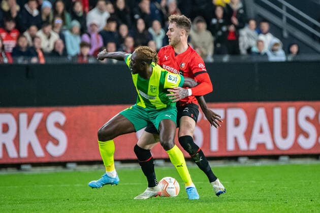 Joe Rodon (Stade Rennais) Victor Olatunji (AEK Larnaca) FOOTBALL : Stade Rennais x AEK Larnaca - Ligue Europa - JournÃ e 6 - 03 11 2022 BaptisteAutissier Panoramic 