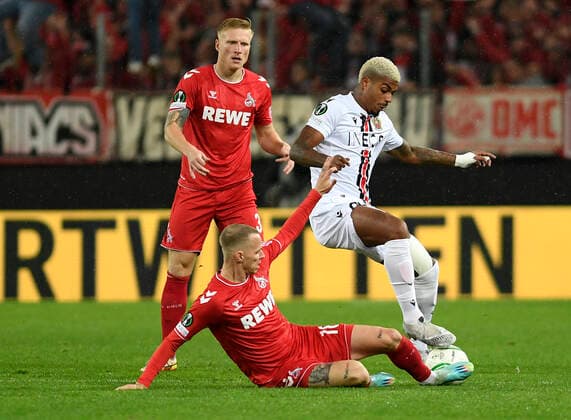 03.11.2022, Cologne, Germany, RheinEnergieStadium, 1. FC Koeln vs OGC Nizza - UEFA Europa Conference League - Group D, Ondrej Duda (1. FC Koeln) und Mario Lemina (OGC Nice) im Zweikampf (Foto Ralf Treese) Cologne RheinEnergieStadium North Rhine-Westphalia Germany