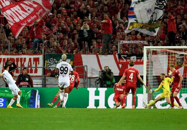 03.11.2022, Cologne, Germany, RheinEnergieStadium, 1. FC Koeln vs OGC Nizza - UEFA Europa Conference League - Group D, Gaetan Laborde (OGC Nice) Tor zum 0:1 (Foto Ralf Treese) Cologne RheinEnergieStadium North Rhine-Westphalia Germany