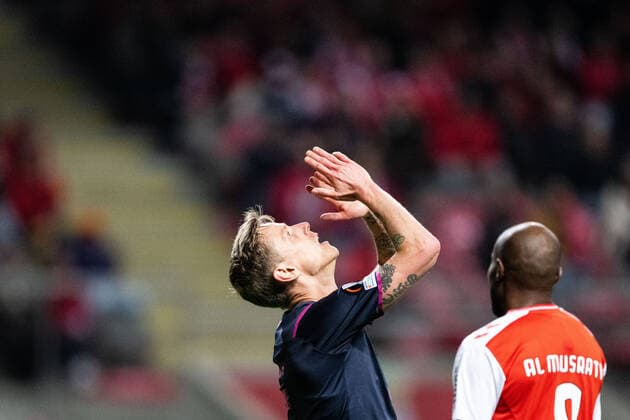 221103 Soren Rieks of Malmö FF looks dejected during the UEFA Europa League between Braga and Malmö FF on November 3, 2022 in Braga. Photo: Petter Arvidson BILDBYRAN kod PA PA0430 fotboll football soccer fotball uefa europa league braga malmö ff bbeng depp Copyright: PETTERxARVIDSON BB221103PA107