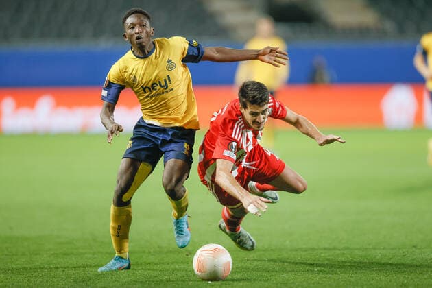 Union s Lazare Amani and Berlin s Diogo Leite fight for the ball during a soccer match between Belgian Royale Union Saint-Gilloise and German Union Berlin, Thursday 03 November 2022 in Leuven, on day 6 6 of the Uefa Europa League group stage. BRUNOxFAHY  x48595914x