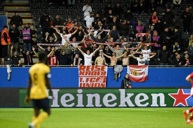 LEUVEN, BELGIUM - NOVEMBER 03 : Illustration picture shows Union Berlin supporters in the stands despite the ban of the mayor of Leuven during UEFA Europa league match between Union St-Gilloise and Union Berlin at the King Power Stadium at den Dreef November 3, 2022 in Leuven, Belgium, 3 11 2022 ( Union ST-Gilloise v Union Berlin PhotoNews Panoramic 