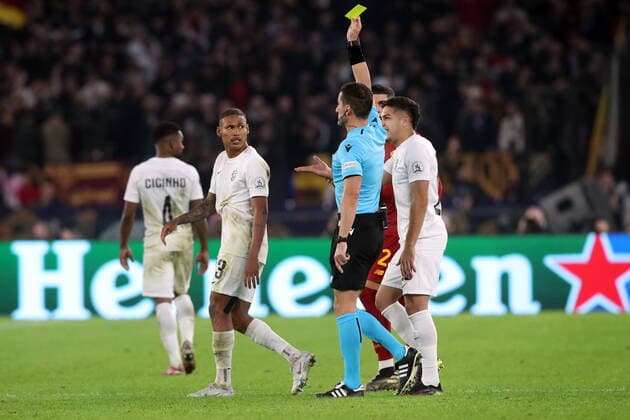 Rome, Italy 03.11.2022: Yellow card for Rick Jhonatan of Ludogorests during the Europe Uefa League 2022-2023 Group C, day 6, football match between AS Roma vs Ludogorets at Olympic Stadium in Rome.  Copyright: xmarcoxiacobuccix xipa-agency.netx xmarcoxiacobuccix 0