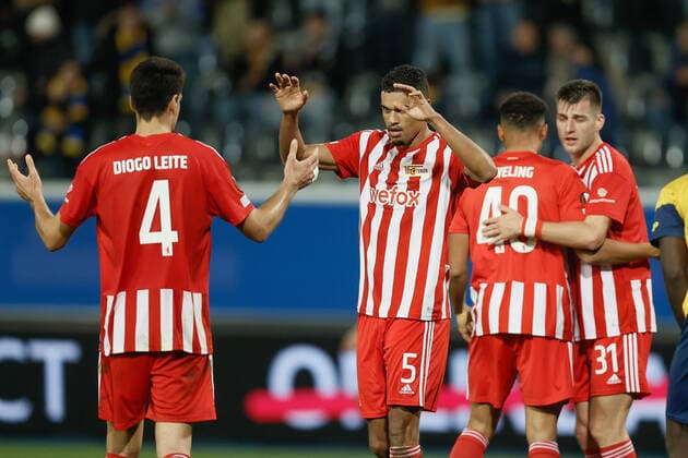 Berlin s players celebrate after winning a soccer match between Belgian Royale Union Saint-Gilloise and German Union Berlin, Thursday 03 November 2022 in Leuven, on day 6 6 of the Uefa Europa League group stage. BRUNOxFAHY  x48598799x