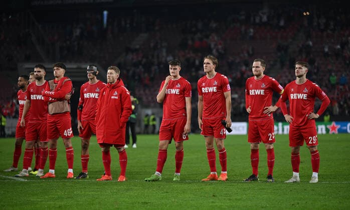 Enttäuschung bei den Kölner Spielern 03.11.2022, Fussball, UEFA Europa Conference League, Saison 2022 23, Gruppenphase, 6. Spieltag 1. FC Köln - OGC Nizza Koeln RheinEnergieStadion Nordrhein Westfalen Deutschland