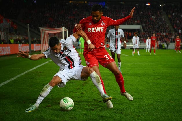GERMANY, COLOGNE - NOVEMBER 3, 2022: Youcef Atal, Linton Maina. The match of UEFA Europa Conference League 1. FC Köln - OGC Nizza at RHEIN Energie Stadion  Copyright: xVitaliixKliuievx