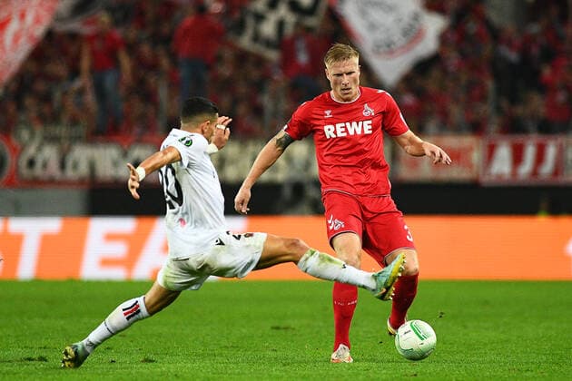 GERMANY, COLOGNE - NOVEMBER 3, 2022: Kristian Pedersen, Youcef Atal. The match of UEFA Europa Conference League 1. FC Köln - OGC Nizza at RHEIN Energie Stadion  Copyright: xVitaliixKliuievx