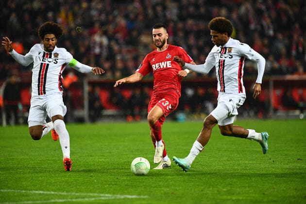 GERMANY, COLOGNE - NOVEMBER 3, 2022: Dante, Sargis Adamyan, Jean-Clair Todibo. The match of UEFA Europa Conference League 1. FC Köln - OGC Nizza at RHEIN Energie Stadion  Copyright: xVitaliixKliuievx