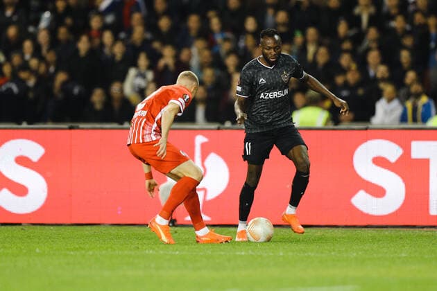 Kwabwena Owusu of Qarabag FK fight the ball Lucas Höler 9 of Club Freiburg during the UEFA Europa League group G match between Qarabag FK and Sport-Club Freiburg at Tofig Bahramov Stadium on November 3, 2022, in Baku, Azerbaijan. Copyright: xAzizxKarimovx qar_fraa_-9
