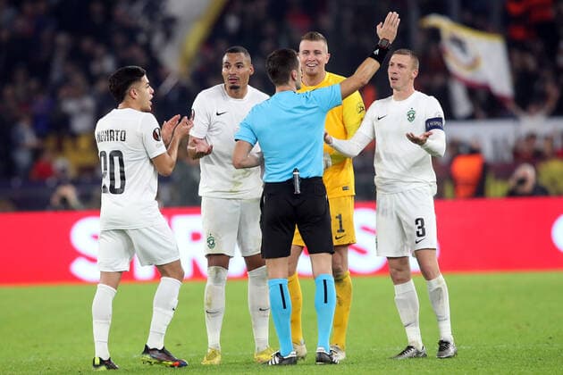 Rome, Italy 03.11.2022: Red card for Olivier Verdon of Ludogorests during the Europe Uefa League 2022-2023 Group C, day 6, football match between AS Roma vs Ludogorets at Olympic Stadium in Rome.  Copyright: xmarcoxiacobuccix xipa-agency.netx xmarcoxiacobuccix 0