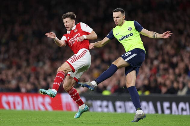 Arsenal v Zurich 03 November 2022, London - Europa League Group Stage - Arsenal v Zurich - Kieran Tierney of Arsenal and Ole Selnaes of Zurich - Photo: Jacques Feeney Offside. London UK Copyright: xJacquesxFeeneyx xOffsidexOffside
