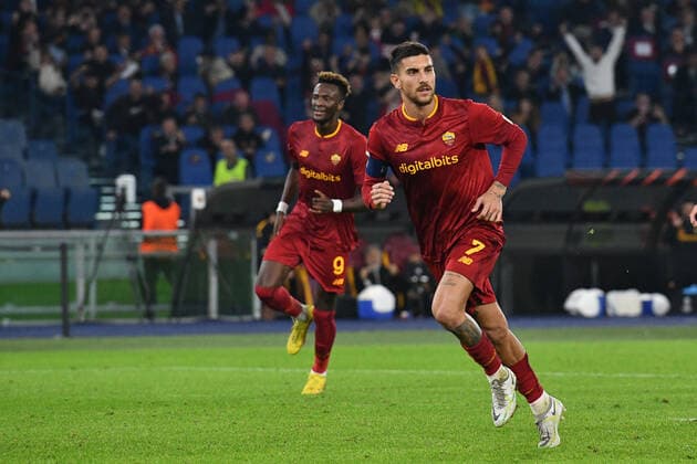 3rd November 2022; Olimpico Stadium, Roma, Italy; Uefa Europa League football Match, Roma versus Ludogorets; Lorenzo Pellegrini of AS Roma celebrates after scoring the goal for 1-1 in the 56th minute from a penalty kick  ActionPlus12444782 AllShotLive