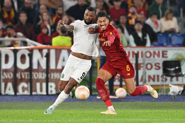 3rd November 2022; Olimpico Stadium, Roma, Italy; Uefa Europa League football Match, Roma versus Ludogorets; Thiago of Ludogorets and Chris Smalling of AS Roma  ActionPlus12444789 AllShotLive
