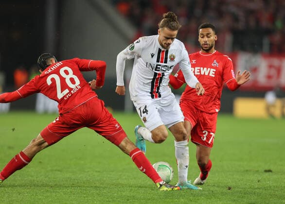 Ellyes Skhiri (Köln), Billal Brahimi (Nizza), Linton Maina (Köln) , Conference League, Köln, Deutschland, 06.10.2022, 1. FC Köln - OGC Nizza.