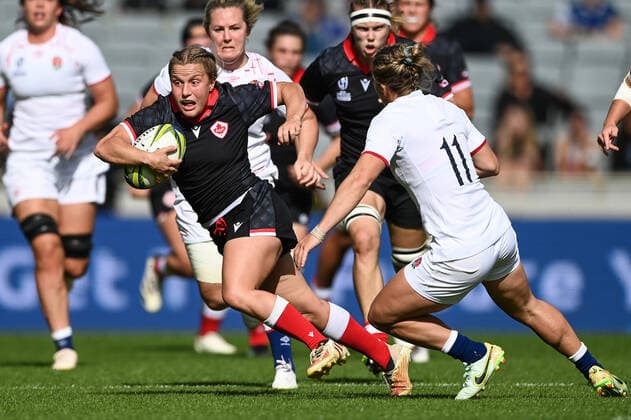 Rugby, WM Frauen, Kanada - England 5th November 2022; Auckland, New Zealand: Justine Pelletier of Canada. Canada versus England, Women& x2019;s Rugby World Cup New Zealand 2021 (played in 2022) Semi Final match at Eden Park, Auckland, New Zealand  ActionPlus12444983 AndrewxCornaga