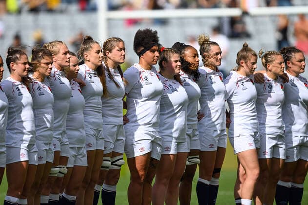 Rugby, WM Frauen, Kanada - England 5th November 2022; Auckland, New Zealand: England players during the national anthems. Canada versus England, Women& x2019;s Rugby World Cup New Zealand 2021 (played in 2022) Semi Final match at Eden Park, Auckland, New Zealand  ActionPlus12444965 AndrewxCornaga