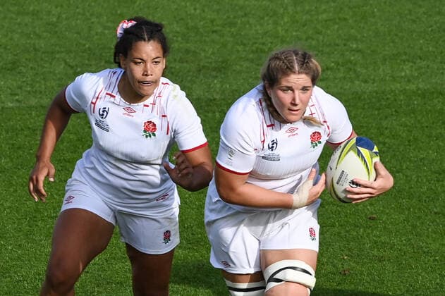 Rugby, WM Frauen, Kanada - England 5th November 2022; Auckland, New Zealand: Poppy Cleall of England (R) and Tatyana Heard of England. Canada versus England, Women& x2019;s Rugby World Cup New Zealand 2021 (played in 2022) Semi Final match at Eden Park, Auckland, New Zealand  ActionPlus12445010 AndrewxCornaga
