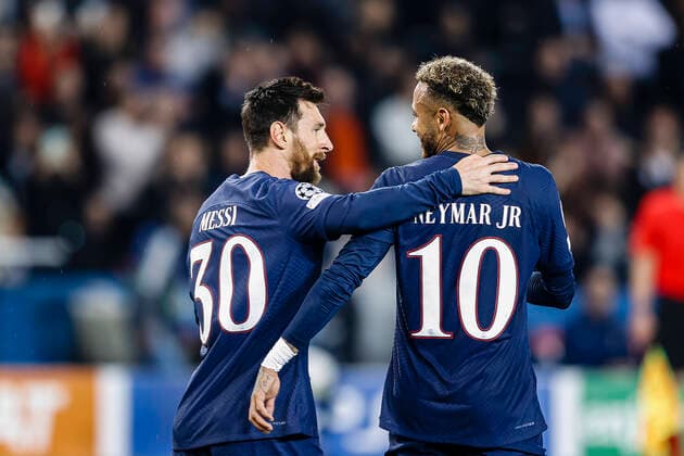 Paris, France - October 25: Lionel Messi of Paris Saint Germain (L) celebrating his goal with his teammate Neymar Junior of Paris Saint Germain (R) during the UEFA Champions League group H match between Paris Saint-Germain and Maccabi Haifa FC at Parc des Princes on October 25, 2022 in Paris, France. (Photo by Antonio Borga Eurasia Images) Paris Parc des Princes France